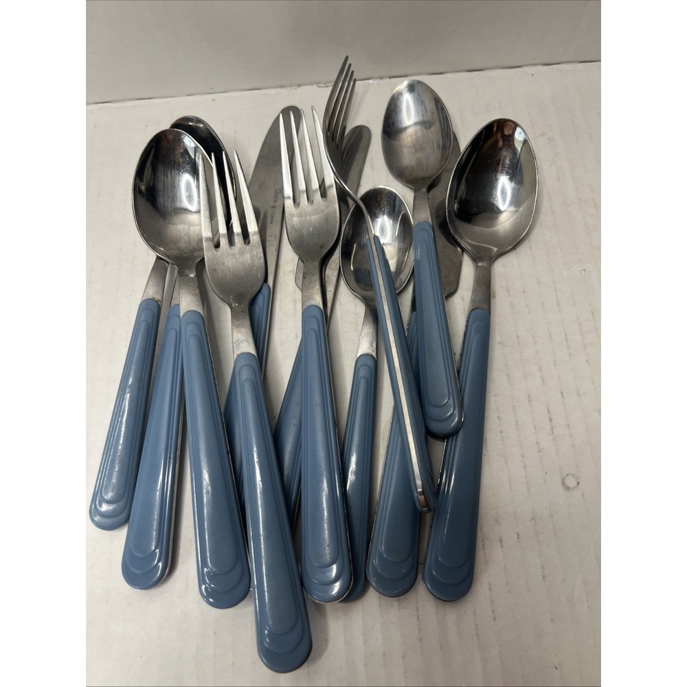 Vintage Gibson 18/0 Stainless Flatware Blue Art Deco 12 pieces